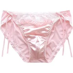 Women's Sexy Satin Panties Lace Silk Underwear Luxury Low  Side Tie Panty Breathable String Bikini Briefs