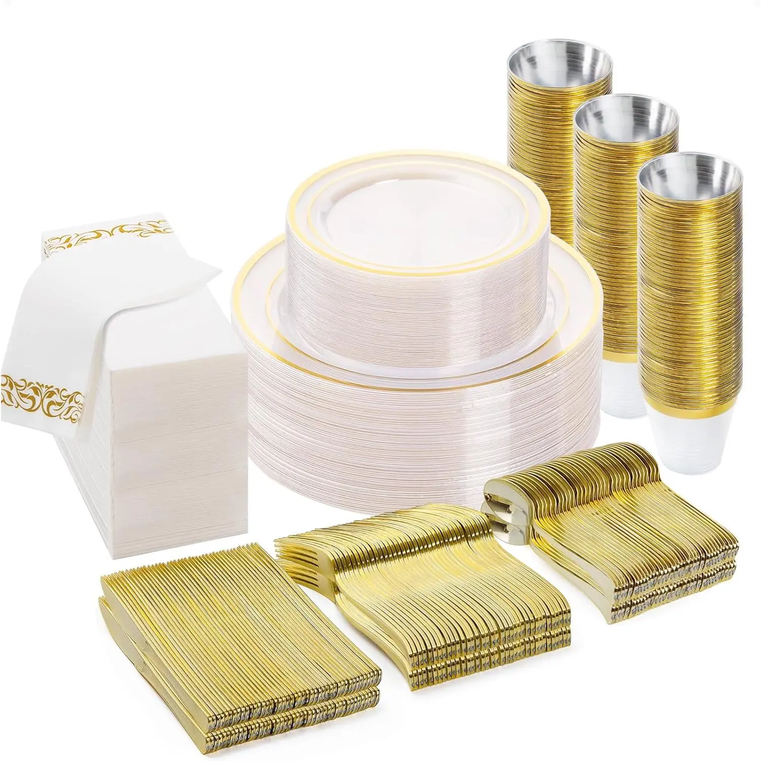 350 count Clear  Disposable Dinnerware Set for 50 Guests, Plastic Plates for Party, Wedding, Include: 100 Plastic Plates, 50  Silverware, 50 Cups, 50 Napkins
