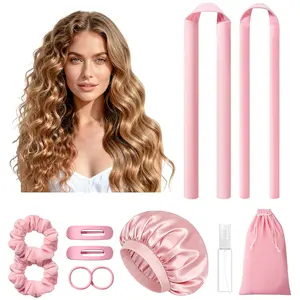 Heatless Curls Overnight, 2 Sizes of Soft Hair Rollers for Women with Bonnet to Sleep In, No Heat Hair Curlers Set with Scrunchies and Clips, for Long and Medium Hair (Pink)