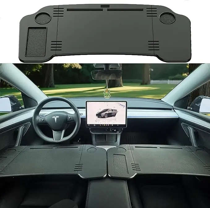 Carbon Fiber Foldable Steering Wheel Tray, Car Organization Accessories, Multifunctional Car Laptop Desk with Cup Holder, Phone Slot, Vehicle Work Dining Table for Tesla Model 3/Y Car Essentials Auto Interior Organizers