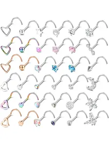20G Nose Stud Ring 316L Stainless Steel Nose Piercing CZ Diamond Heart L Shaped/Screw Silver Nose Studs for Women 36PCS Nostril Piercing Jewellery Nose Studs Nose Piercing Jewelry
