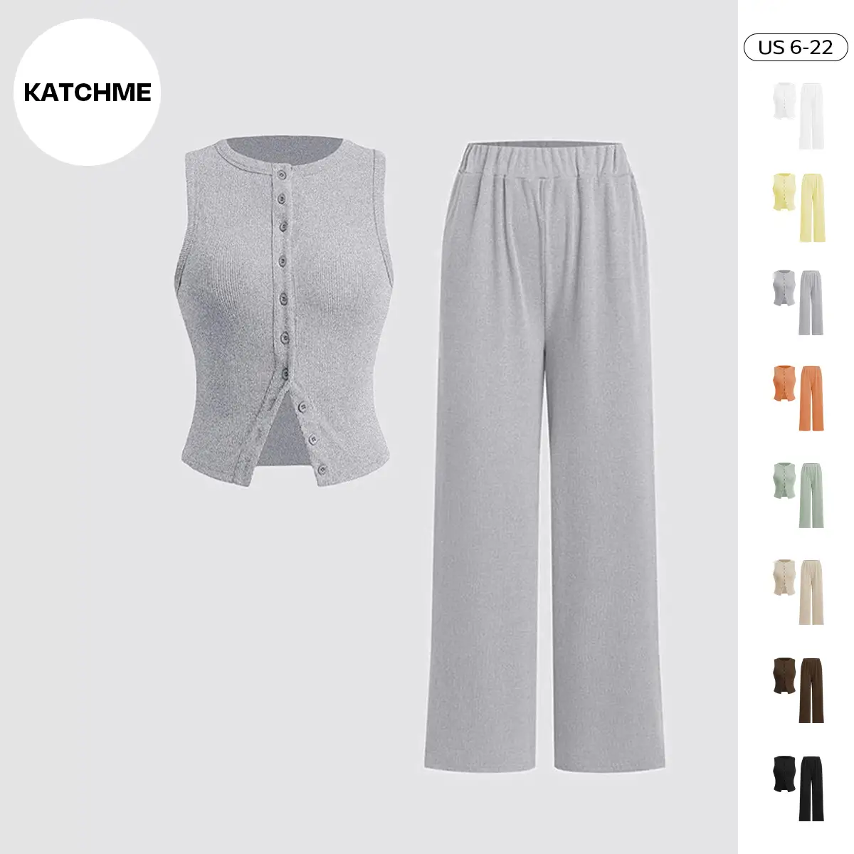 KatchMe Women's Casual Solid Color Sleeveless Button-Up Slim Tank Top & Wide Leg Trousers Co-ord, Minimalist Two Piece Outfits, Comfort Basic Co-ord S