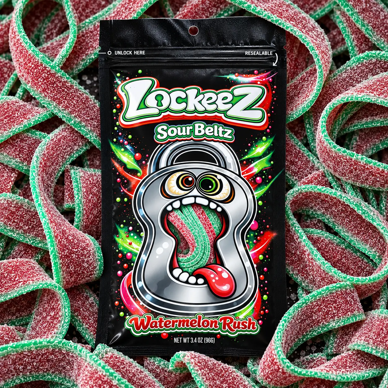 Lockeez Watermelon Rush Sour Beltz – Gelatin-Free Sour Candy Strips, 3.4 oz Resealable Bag (12 Strips per bag)
