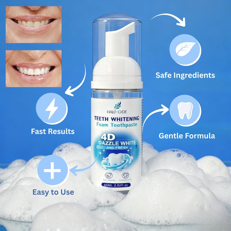 Halo Code 4D Dazzle White Foam Toothpaste for Adults Effective Oral Care Bad Breath Killer Natural Herbal Fresh Breath Teeth Whitening Fluoride-Free Mint Flavor 2-in-1 Solution 60ml