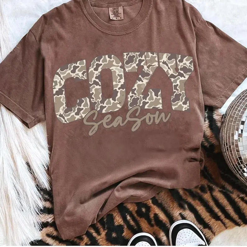 Comfort Colors Cozy Season Camo Western Shirt, Retro Camo Country Distressed Varsity Cowboy, Camouflage Shirt, Camo Cozy Season Outfits
