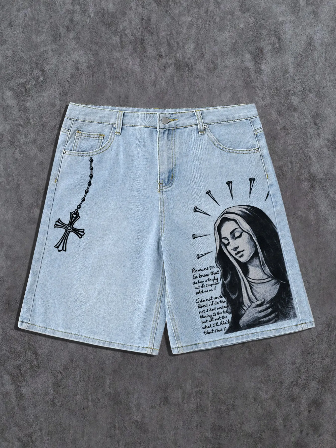 Men's Casual Aesthetic Streetwear Denim Shorts, Light Wash, Religious Print, Vintage Wash, Comfortable Fabric, Perfect for Music Festivals and Daily Wear