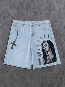 Men's Casual Streetwear Denim Shorts, Religious Print, Vintage Wash, Comfortable Fabric, Perfect for Music Festivals and Daily Wear