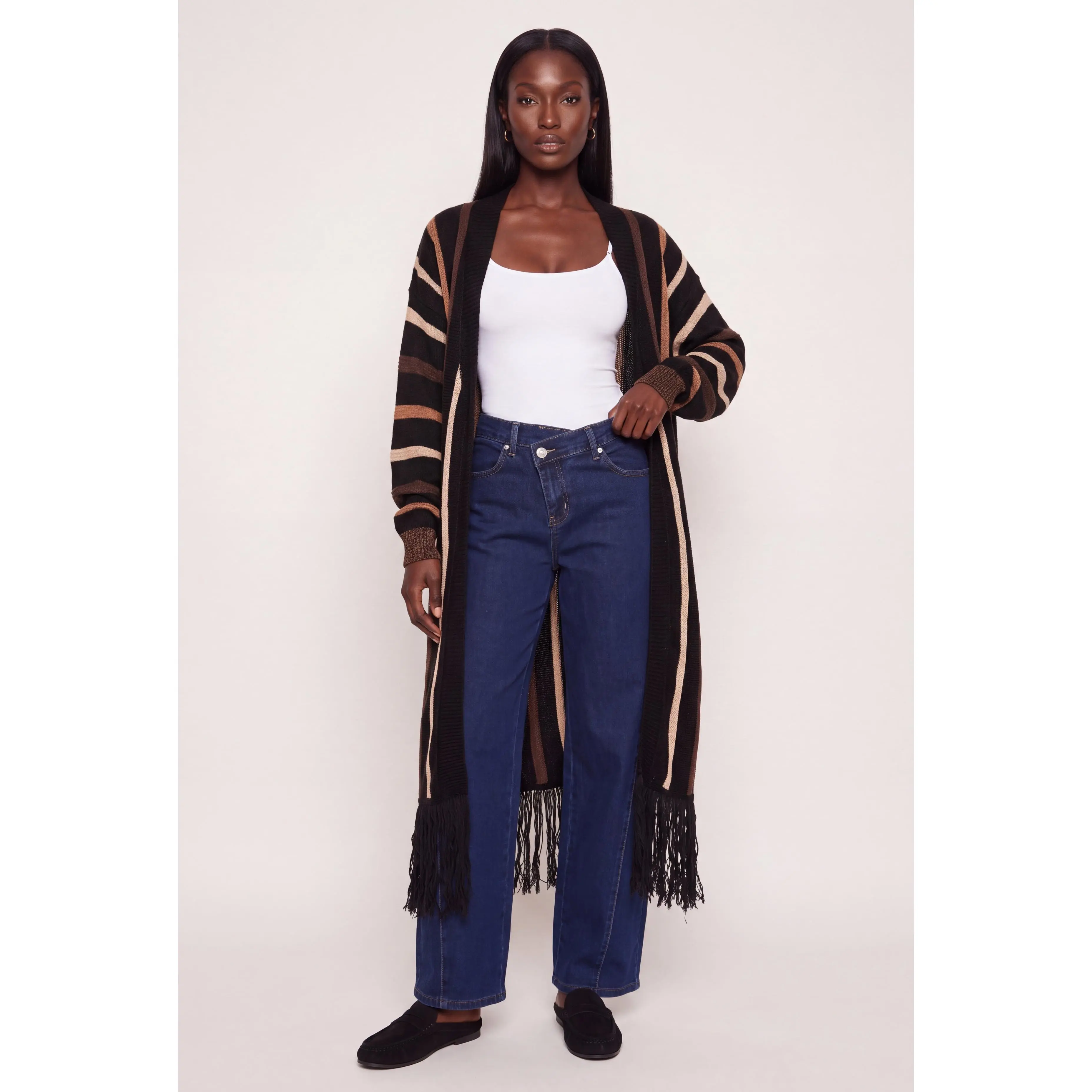 Striped Open Front Fringe Duster Striped Open Front Fringe Duster