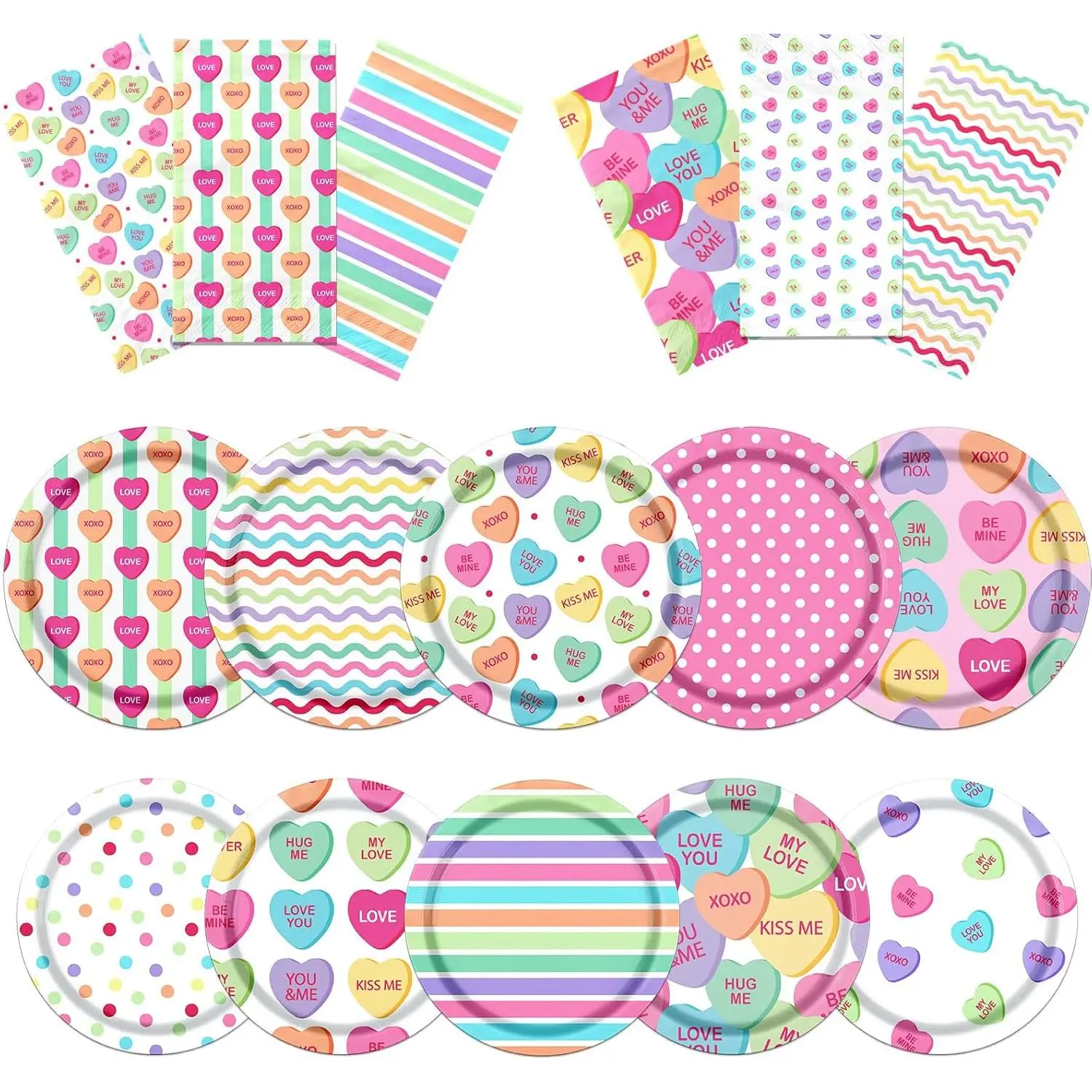 Valentines Party Plates and Napkins,Valentines Day Tableware Disposable Conversation Hearts Plates and Napkins Supplies for Valentine Party Supplies