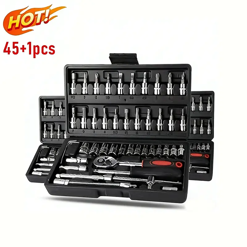 46 Piece mechanic tool set, socket and wrench kit with tool storage box, manual hand tool set for car maintenance, automotive repair, includes screwdriver bits hex wrenches
