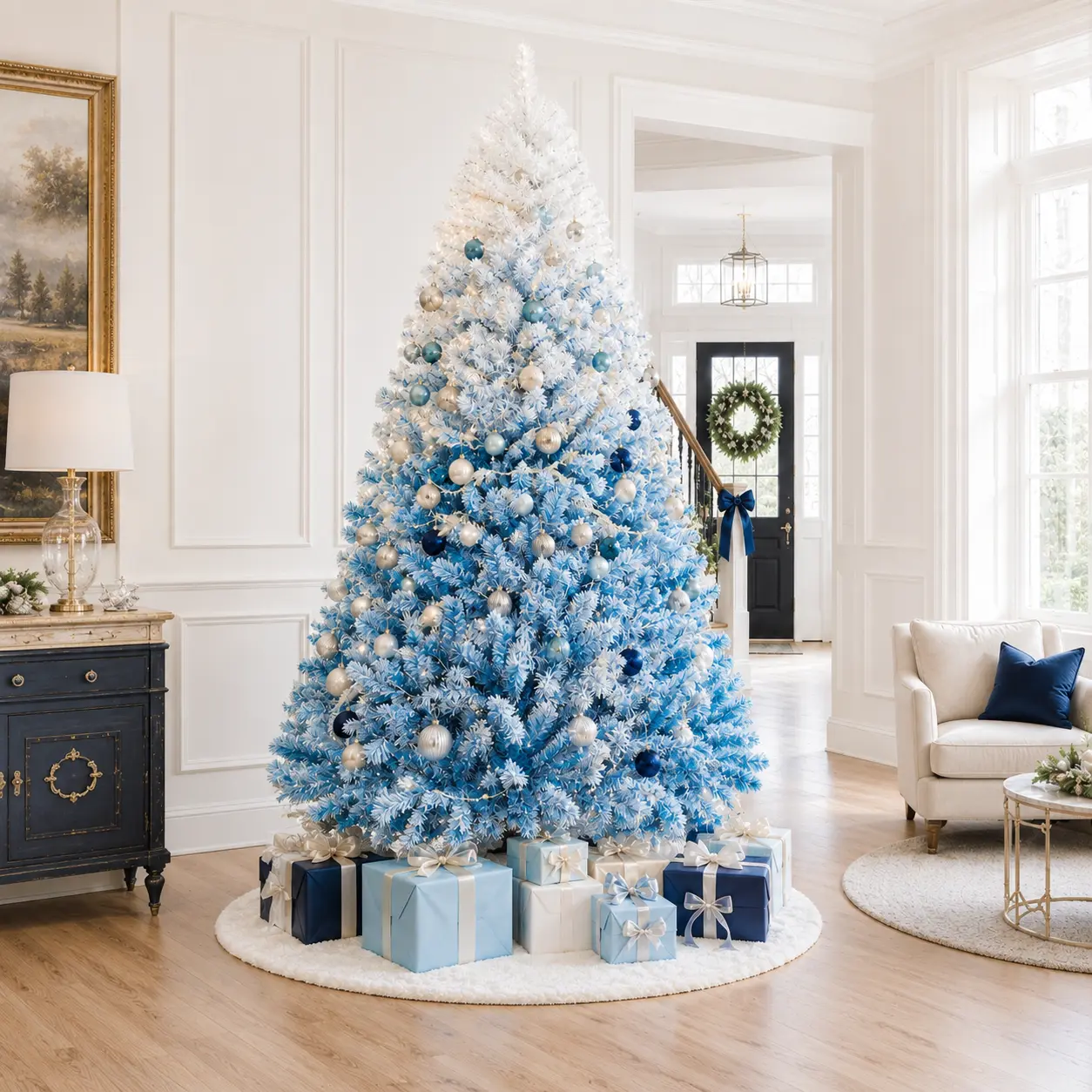 【with Warm Lights】Costoffs 4.5/6/7.5/9FT Flocked Artificial Christmas Tree with Warm White Lights, Hinged Holiday Decorative Tree for Living Room Apartment