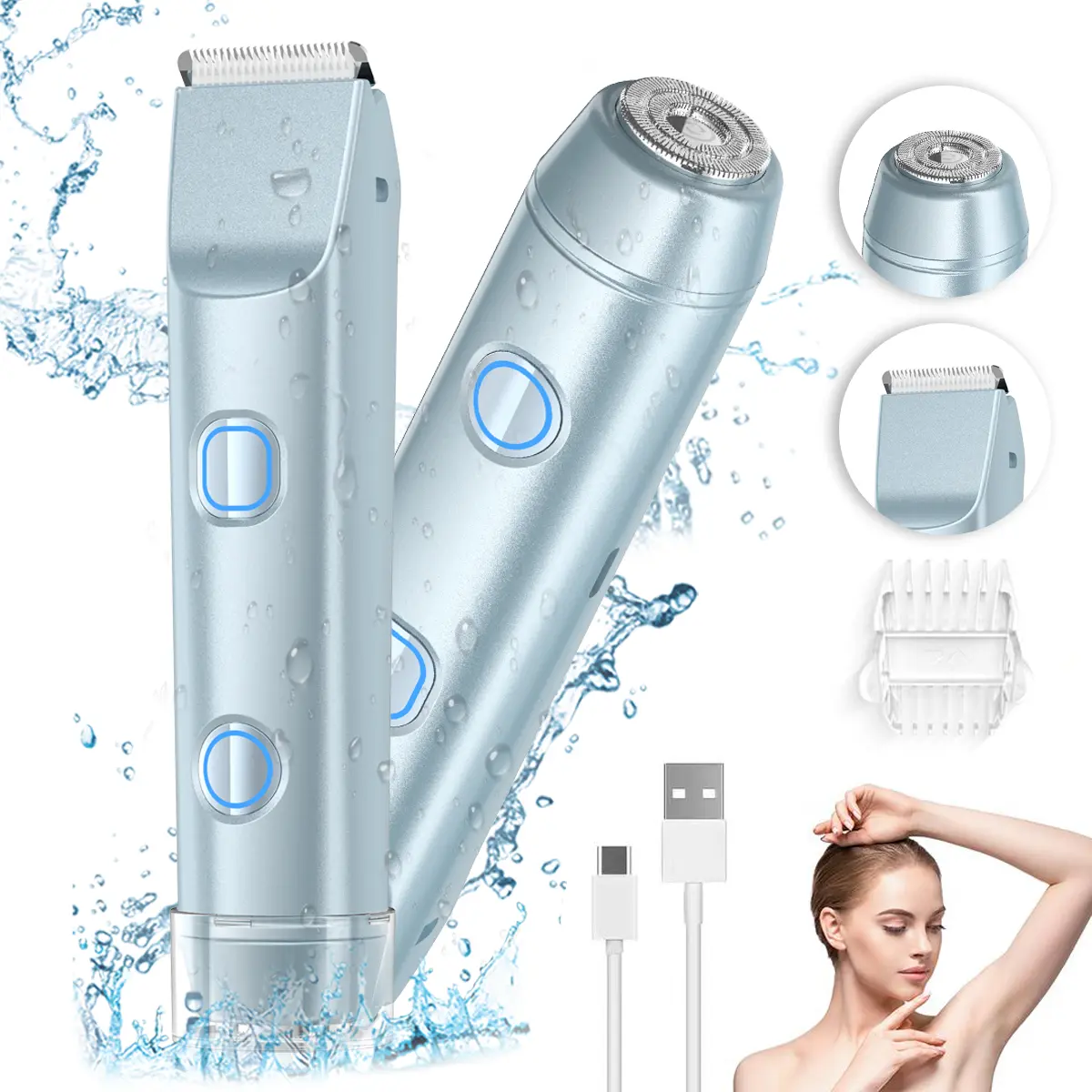Electric Razor for Women, Beach-Ready for Bikini Season 2-in-1 Dual-Head Shaver, Waterproof & Painless, JS-0249, Gentle for Sensitive Skin, Gift-Ready Grooming Kit Smooth Handle