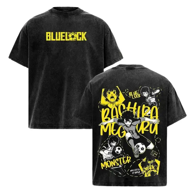 Bachira Meguru Blue Lock Anime Tee, Soccer Striker Ego Monster Dribble Graphic T-Shirt, Sporty Double Sided Acid Washed Oversized Streetwear Shirt Gym Merch, Manga Football Design, Lightweight Cotton Unisex Fan Gift