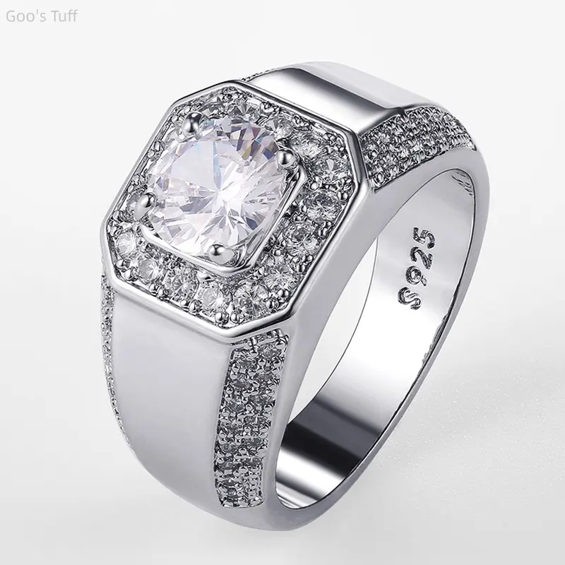 Men's Silver-Plated Bling Male Ring - Simulated Zircon Band, Luxury Delicate Design, European-American Gentlemen's Casual Everyday All-Seasons Costume Jewelry for Daily & Party Wear