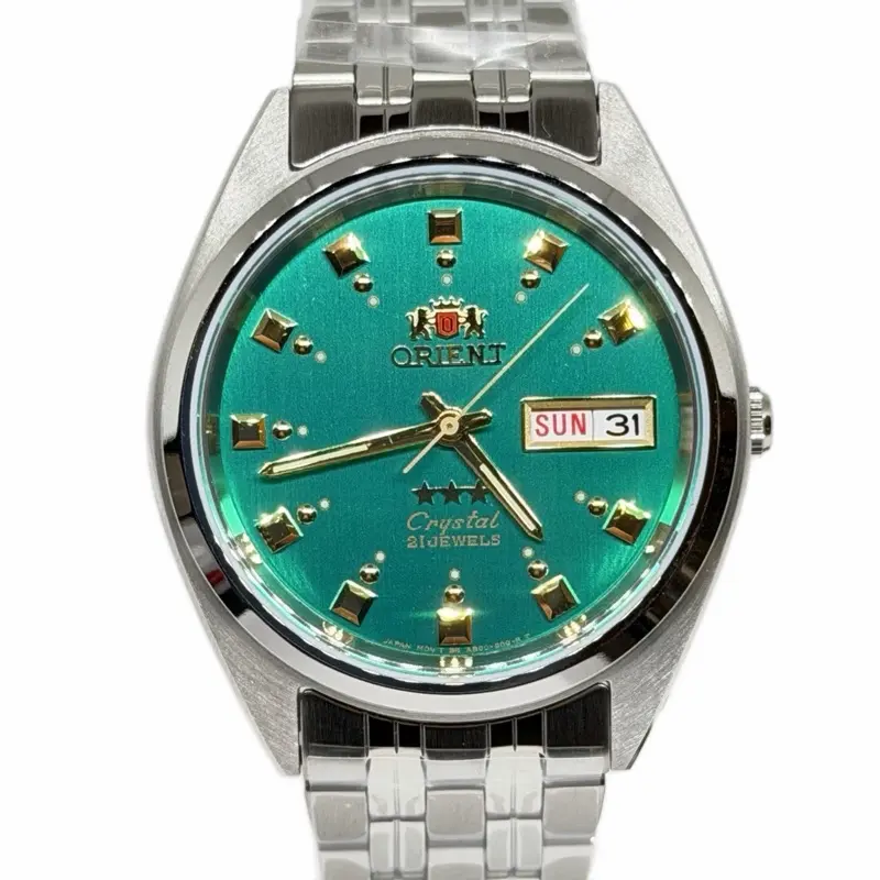 Orient Tri Stars Automatic Men's Watch Silver Band with Green Dial FAB00009N9 Crystal 21 Jewels