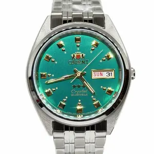 Orient Tri Stars Automatic Men's Watch Silver Band with Green Dial FAB00009N9 Crystal 21 Jewels