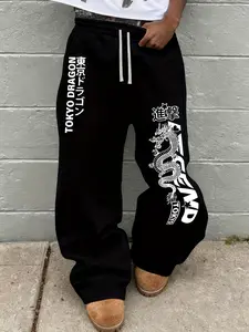 Loose-Fitting Men's Baggy Sweatpants with Cartoon Dragon Design, Elastic Waist with Pockets, All Seasons Casual Streetwear, Casual Fashion Trousers
