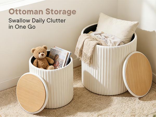 2-Piece Round Storage Ottoman Set - Velvet Vanity Stool with Storage, Green Small Footstool for Bedroom & Living Room, Multi-Use Coffee Table Ottoman, Beige