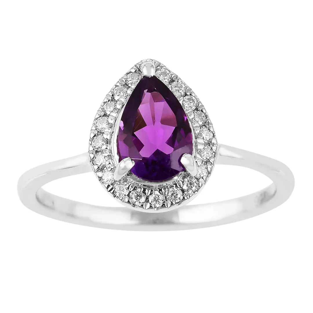 0.97 Ct Pear Purple Amethyst and Moissanite Prong Silver Halo Engagement Ring