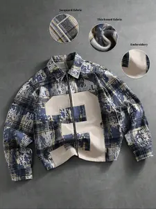 Men's Vintage High Street Plaid Jacket, Distressed Pattern, Zipper Design, Patchwork Print, Thick Material, Casual Daily Wear