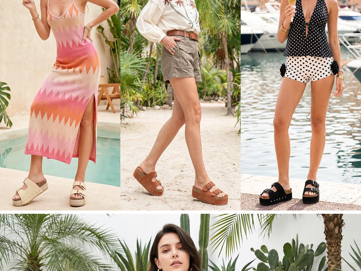 Comfortable Platform Slide Sandals for Women | Woven Straw Double Buckle Slippers | Chunky Summer Beach & Vacation Shoes