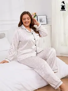 Plus Size Women's 2-Piece Pajama Set, Long Sleeve Shirt and Pants, Elegant Leopard Print, Soft Polyester Satin Fabric for Home Wear