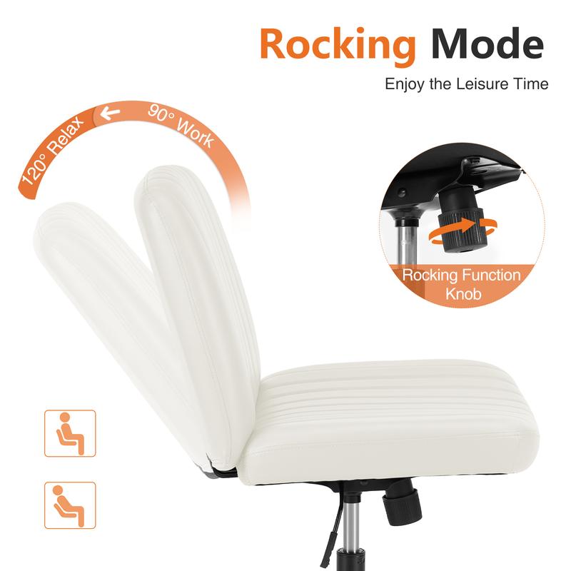 Armless Wide Swivel Office Chair with Cross Leg Seating, Adjustable Fabric Vanity Chair with Wheels and Fixed Base, Padded Seat, Grey