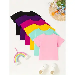 6pcs Girls' Short Sleeve T-Shirts in Solid Colors - Soft Polyester & Spandex Blend, Round Neck, Machine Washable - Ideal Summer Gift for Youngsters