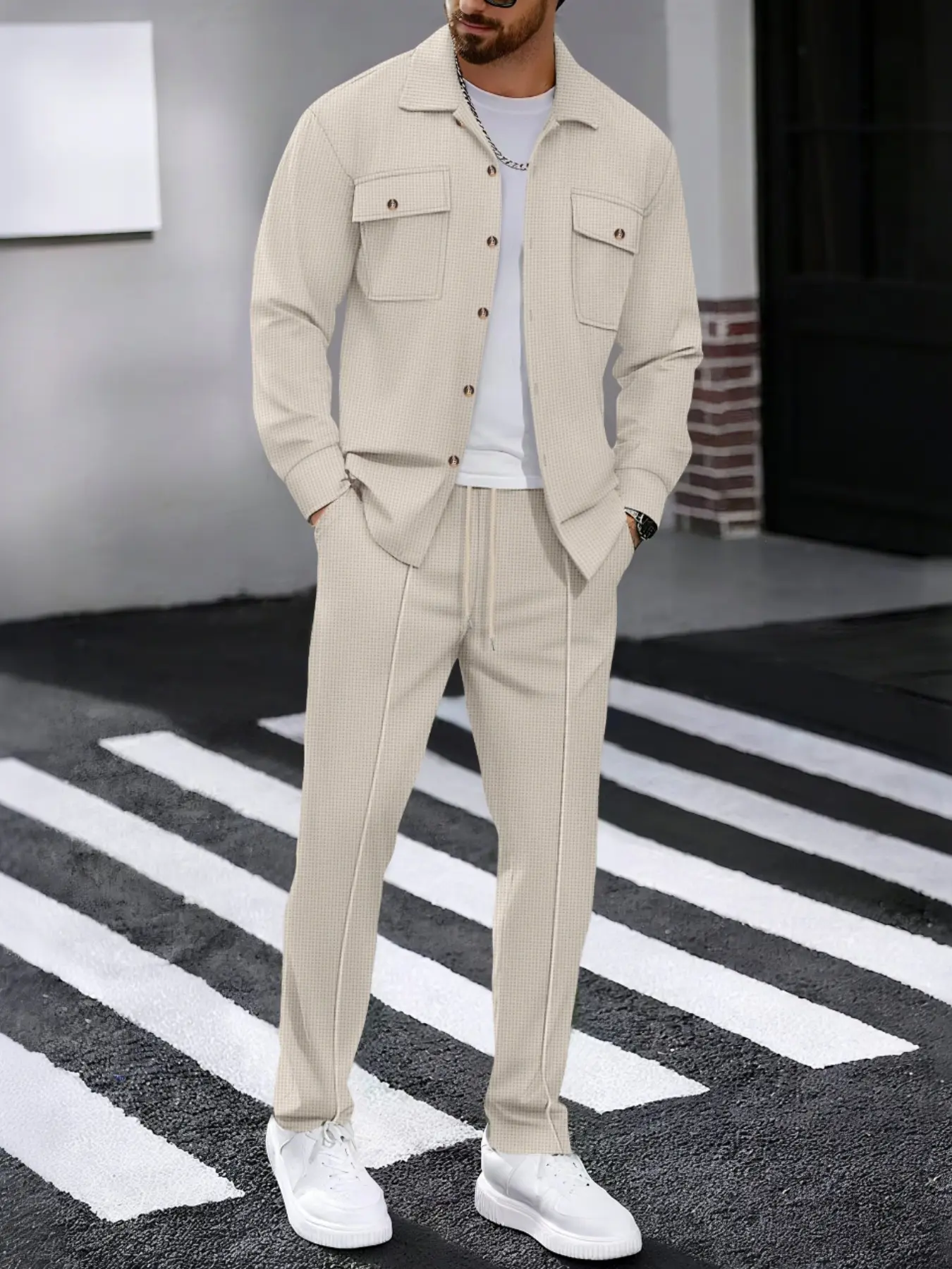 Men's Casual Business Two-Piece Set, Shirt Collar Gingham Jacket & Slim Fit Pants, Waffle Texture Dual Pocket Shirt Suit