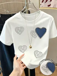 Pearl Heart Print Round Neck Short Sleeve T-Shirt, Korean Sweet Style, Imitation Pearl Rhinestone, Breathable, Casual Wear Top