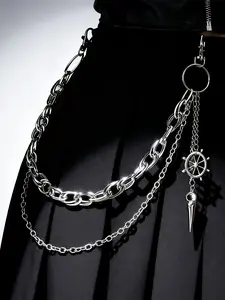 Silver Color Punk Style Bold Edgy Chain Belt Accessory, Wheel and Cone Pendant Design, Fashion Street Style Perfect Match for Skirts and Pants