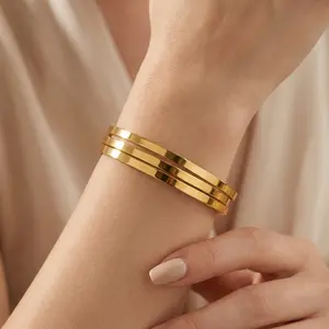 3Pcs Minimalist Gold Bangle Bracelets Set for Women, Plain Smooth Stackable Round Bangles, Everyday Layered Jewelry Gift permanent