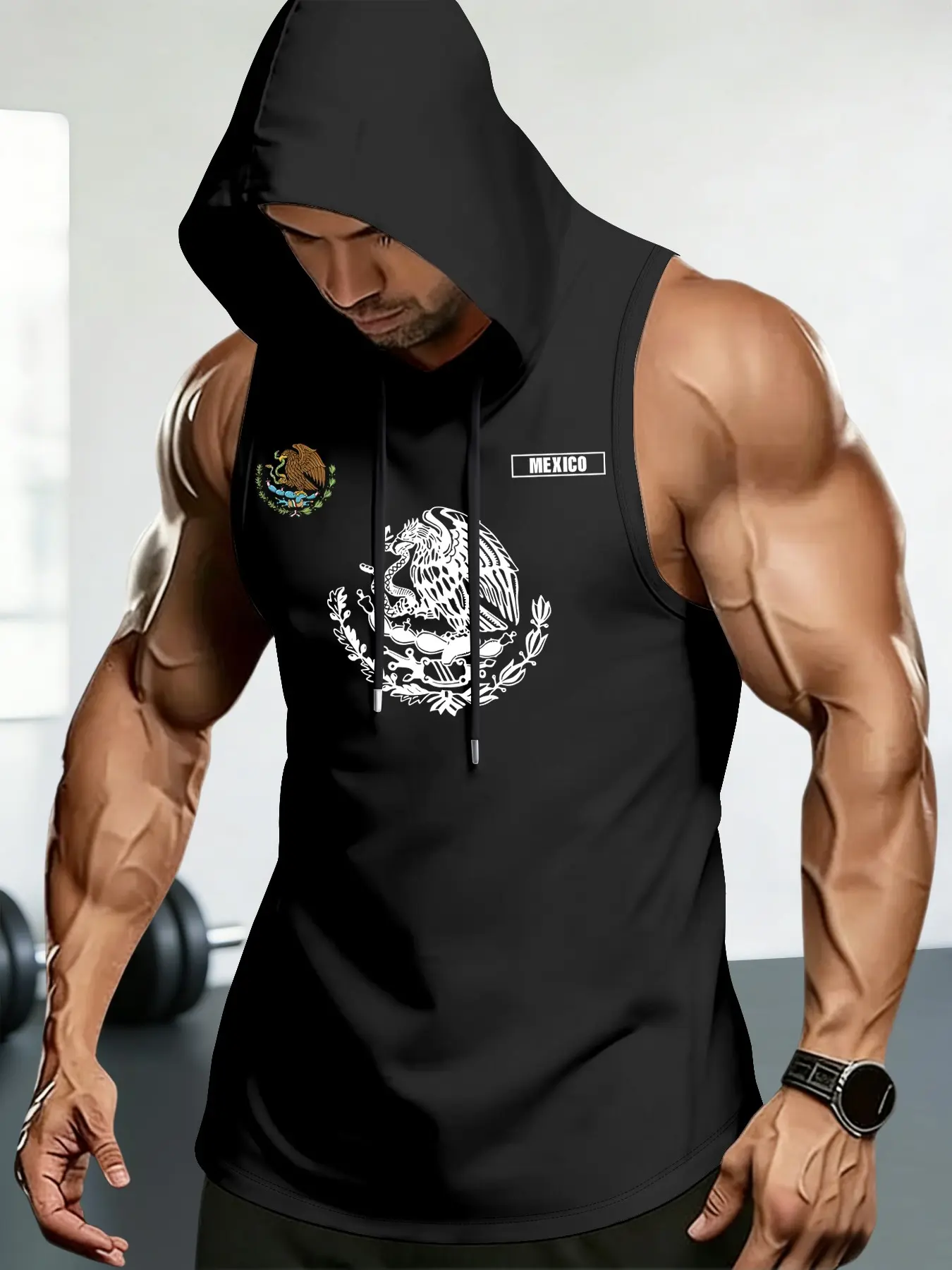 Men's Fashion Mexican Theme Graphic T-Shirt, Hooded Sleeveless Vest, Breathable Soft Comfort Sporty Fit Workout Style Fashion, Summer Casual Wear, Elastic Fabric, Sleeveless Gym Tops, Sleeveless Sports Vest, Casual Gym Vests