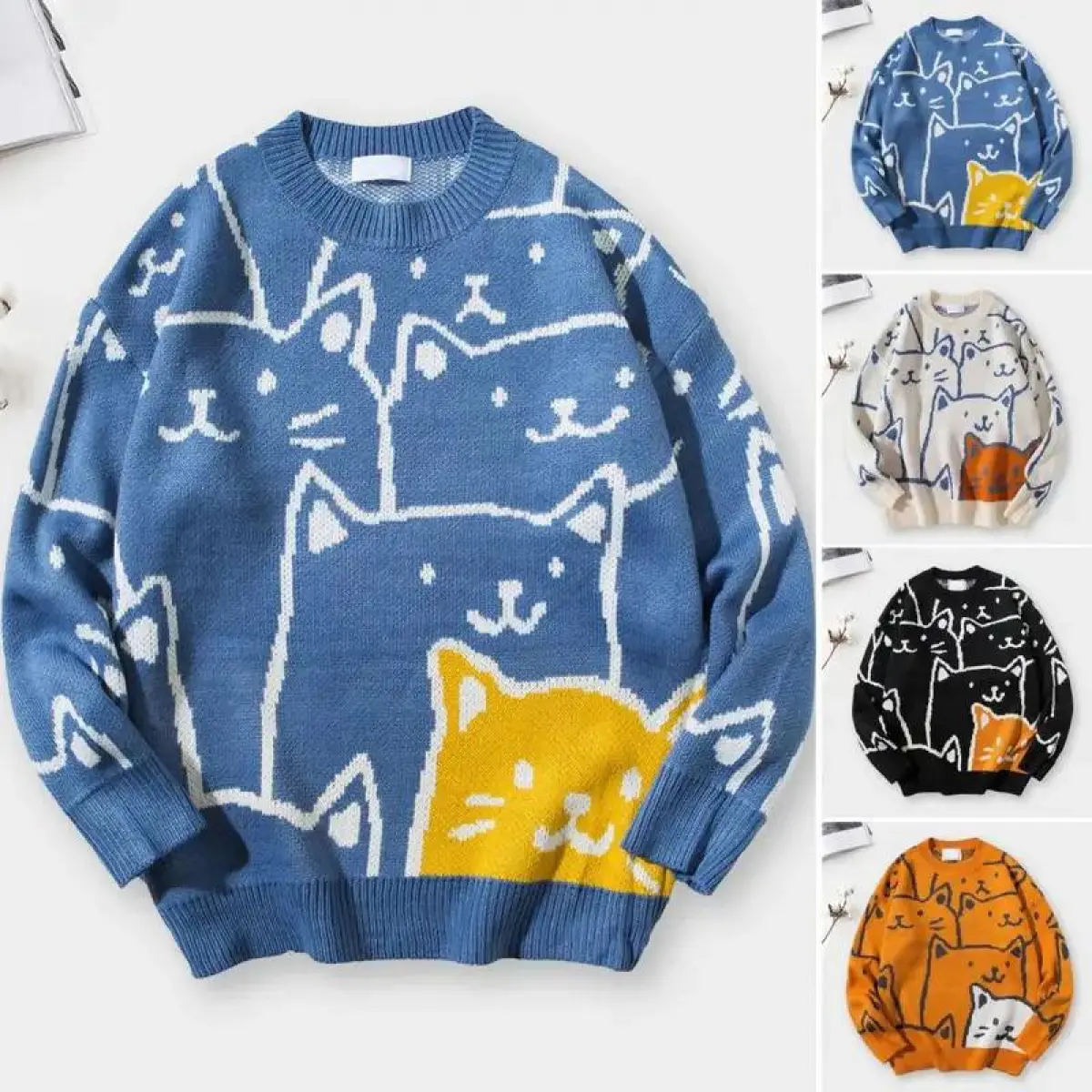 2026 Soft Men's Lightweight Men's Japanese Retro Harajuku Cartoon Cat Knitted Oversized Men's Winter Pullover Tops Casual Sweater, Fashion Sweater, Men's Pullover, Cozy Sweater, Men's Apparel, Winter Sweater