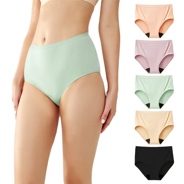 Women's Battewa High-Waisted Cotton Leakproof Waterproof Full Coverage Classic Briefs, 5-Pack Reusable Heavy Flow Period Underwear, Breathable Fabric for Outdoor Activities (Up to 5XL)