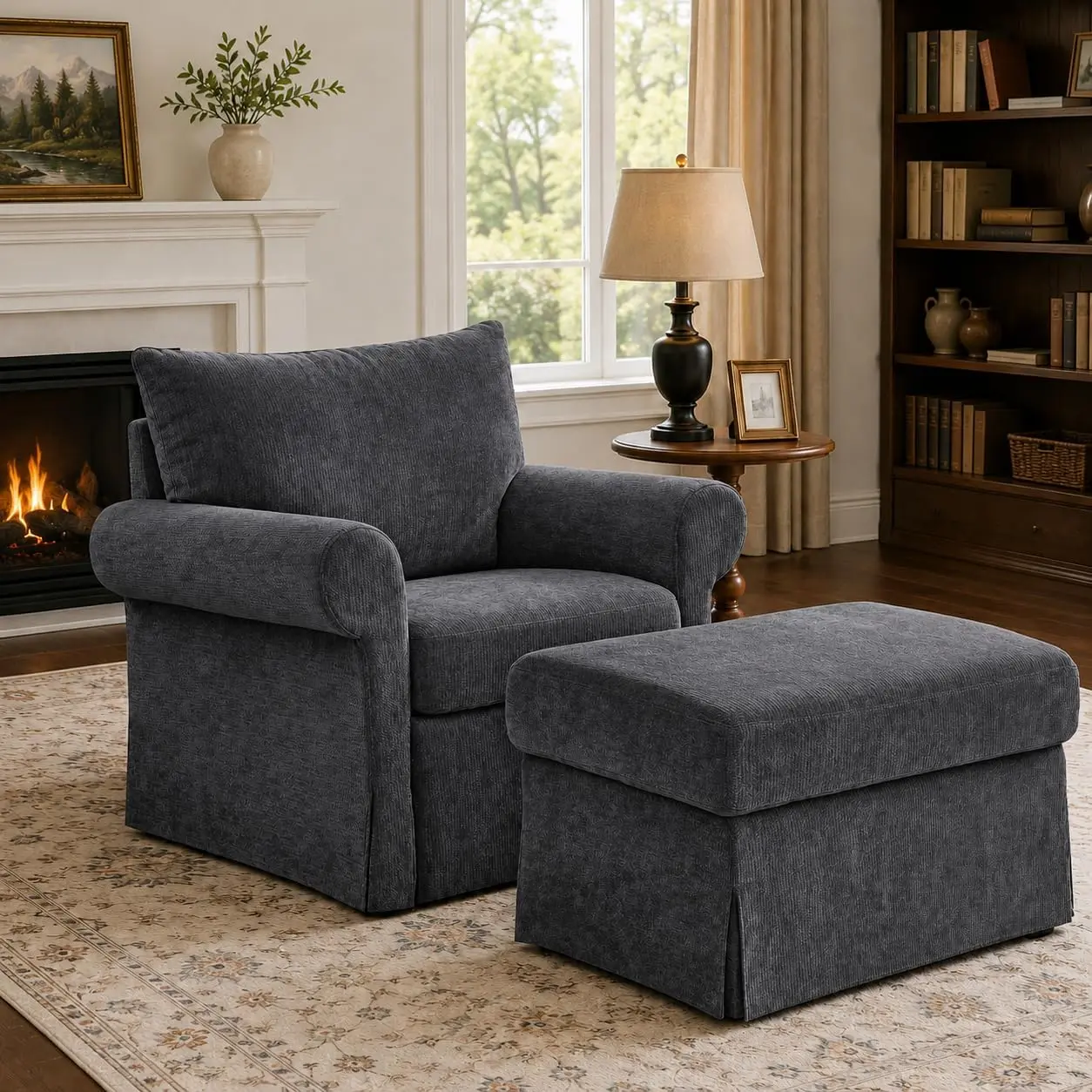 37.5" Accent Chair with Ottoman, Plush Chenille Upholstered Armchair, Stylish Single Sofa Chair for Living Room, Bedroom, Apartment,Grey