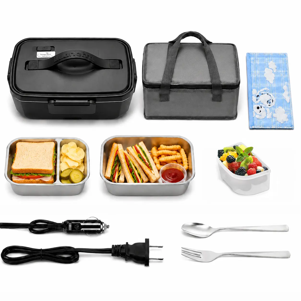 Tough Insulated Heated Lunch Box for Adults - Portable Food Warming Container with Removable Stainless Steel Tray, Silicone Accessories, 100cm Home Plug, Quick-Heat for Work/Car, Ideal Gift for Dad (Grey)
