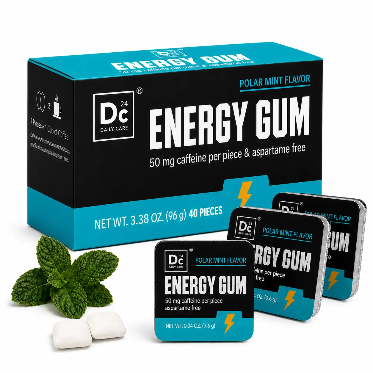 DC24 DAILY CARE Caffeine Gum, 50mg Caffeine Per Piece, Sugar Free Polar Mint Flavor with L-Theanine & Vitamins, 40 Pieces