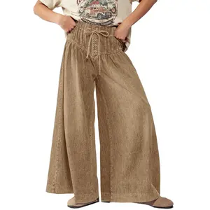 Chouyatou Women's Loose Wide-Leg Jeans Mid-Rise Elastic Waist Drawstring Flared Pleated Ruffle Button Jeans for Comfortable Stylish Wear Pants