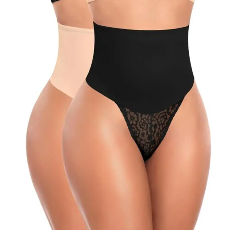 Women's High-Waisted Compression Tummy Control Lace Seamless Thong Panty Shapewear Girdle - Comfortable for Bridal Clothes, Flower-Embellished Outfits, Formal Wear, Comfy, Feminine, Minimalist, Breathable, Fabric, Day, Basic, Lingerie, Soft, Casual