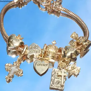 Cross Angel Heart Charm Bracelet, Snake Bone Chain with Bible Crown Pendant, Personalized Women Jewelry, Distinctive Daily Party Accessory, Trendy Fashion Gift for Her