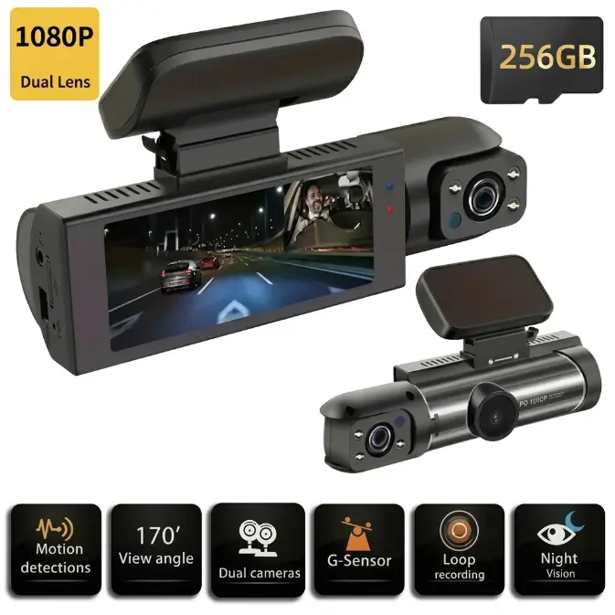 Dual Lens Car Dash Cam Front and Inside, 1080P Full HD Driving Recorder with IR Night Vision, 3.16" IPS Screen, Loop Recording G-Sensor Parking Mode, Supports 64GB x 4 Large Storage