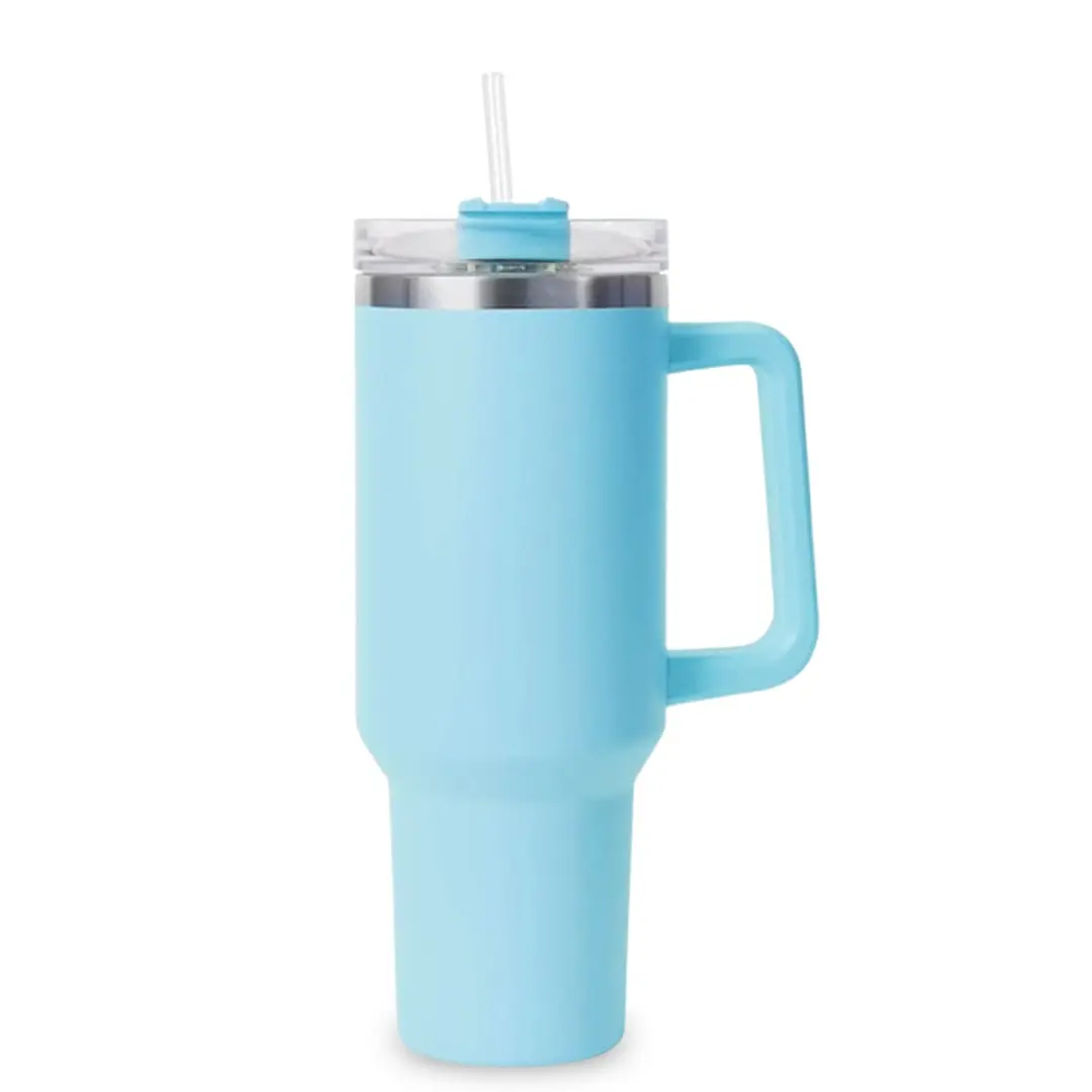THIRSTEE 40 oz Sky Blue Tumbler with Handle & Straw Double Wall Vacuum Insulated Stainless Steel Flask Leak Proof Lid Reusable Eco Friendly Straw Portable Cold Beverage Container