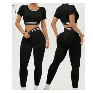 Women's High-Waisted Yoga Set, Striped Contrast Binding Design, Slim Fit Above-Ankle Pants & Short Sleeves Top, Ideal for Gym & Daily Wear