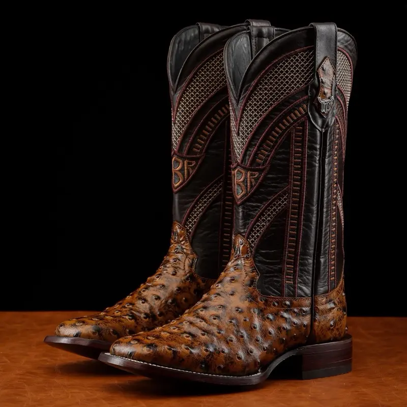 Honey Ostrich Print Leather Boots - Square Toe Honey Ostrich Print Leather Boots - Square Toe