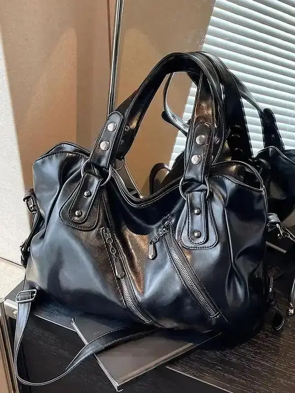 Fashionable Dark Motorcycle Style Stylish Crossbody Bags, Shiny Metal Buckle All-match Tote Bag, Trendy Retro Punk Style -zipper Design Shoulder Bag, Suitable for Daily Travel, Street Shooting, Etc. Casual Satchel