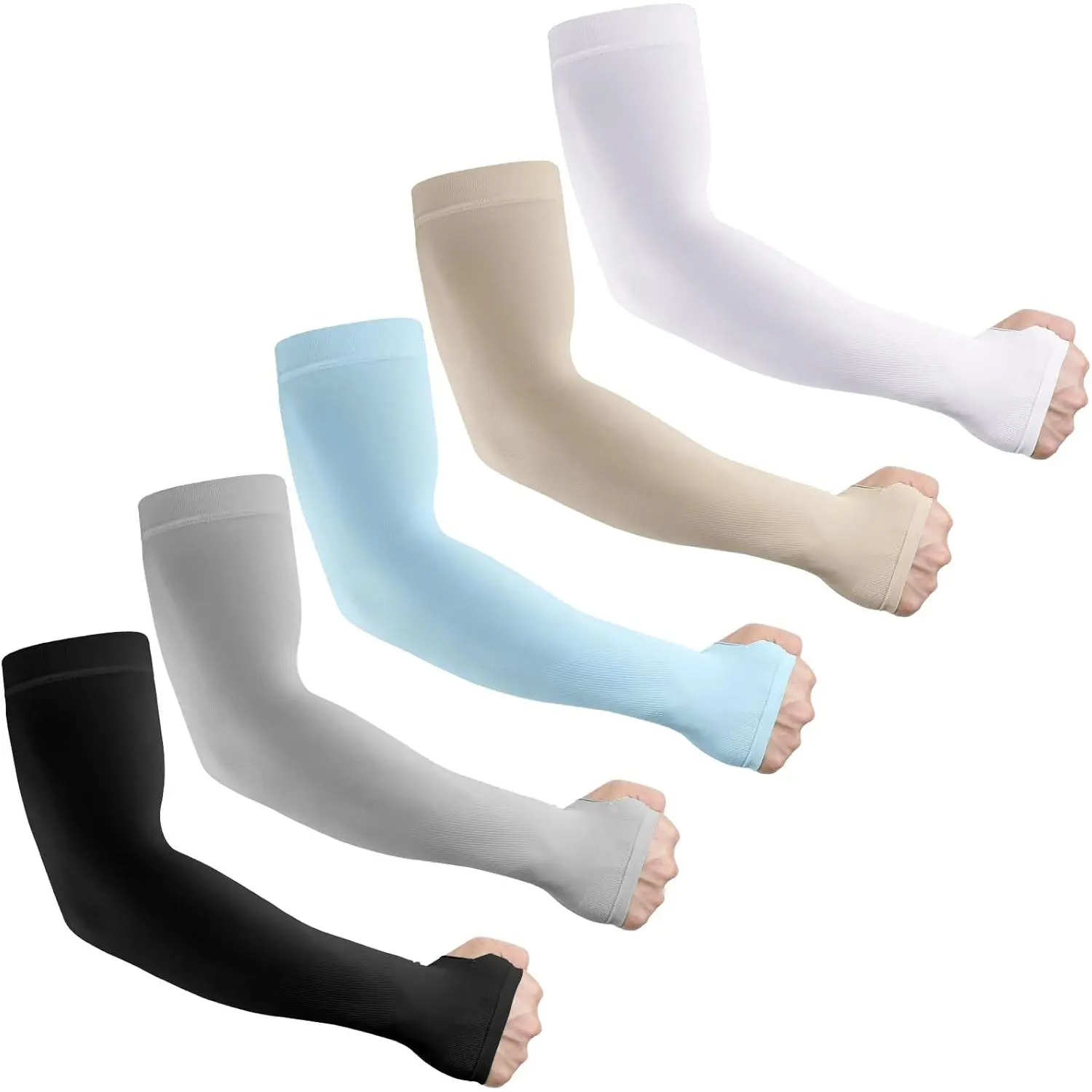 Unisex 5-Pair Solid Color UV Protection Compression Arm Sleeves, Breathable Elbow Support, Cooling 1 Size Fits All for Tennis, Boating, Golfing Outdoor Sports, One Size Fits All