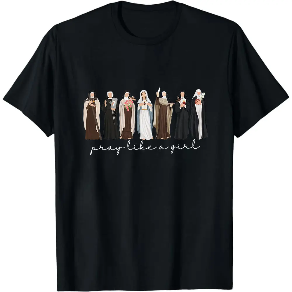 Men's Catholic Saint Cotton T-Shirt - Seamless Casual Fabric, Christian Graphics, "Pray Like A Girl" Design, Shortsleeve