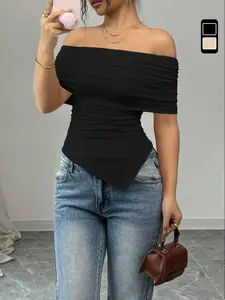 Off Shoulder Sleeveless Top, Side Slit Ruched Design Fit, Asymmetrical Hem, Casual Fashion Women's Blouse, Stylish Ladies' Clothing, Womenswear, Spring