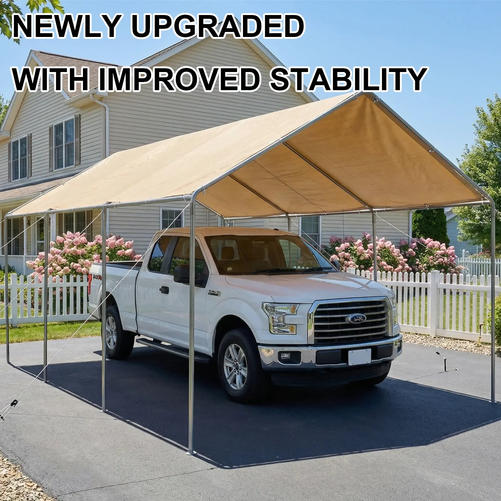 Grezone New Upgraded 3.6×6M Heavy-Duty Galvanized Metal Carport Canopy - Large Open Design Outdoor Shelter, Weatherproof Sun Cover, Includes Kit with Mounting Hardware, 4 Reinforced Cables, Improved Stability, Easy Assembly, Beige/Gray, Home Essentials, S